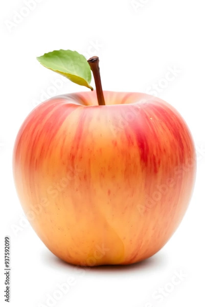 Fototapeta A shiny apple with a smooth surface and a brown stem, set against a white background.