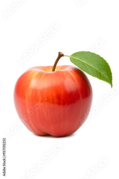 Fototapeta A shiny apple with a smooth surface and a brown stem, set against a white background.