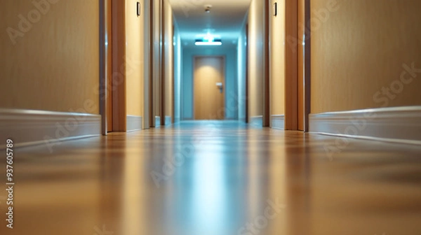 Fototapeta A warm, softly lit hallway with wooden doors and polished floors, leading to a distant exit, creating a serene and welcoming atmosphere.