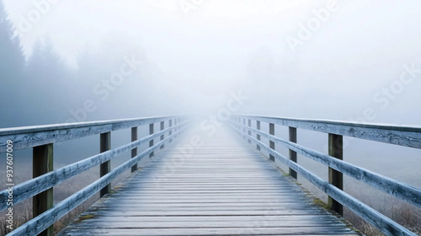 Fototapeta A wooden bridge stretches forward into a dense fog, with no visible end, creating a tranquil yet haunting scene.