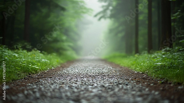 Fototapeta A foggy trail stretches through a dense forest, the mist softening the scene and creating a calm and mysterious ambiance.