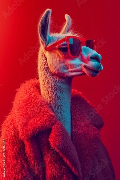 Obraz Stylish Llama Wearing Sunglasses and Red Jacket on Crimson Background