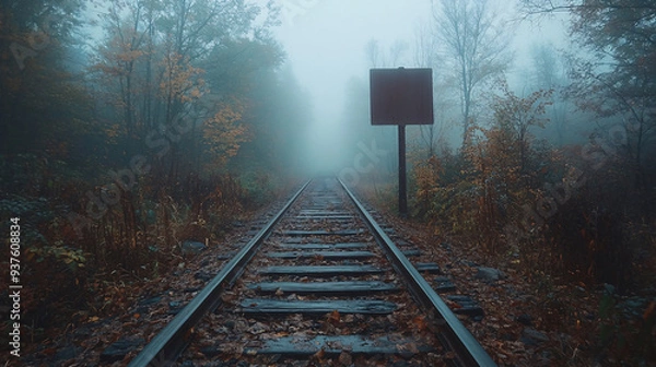 Obraz A foggy railway track cuts through an autumn forest, with bare trees and fallen leaves adding to the mysterious and nostalgic atmosphere.