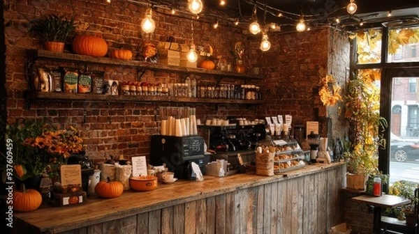 Fototapeta A charming, rustic coffee shop featuring a wooden counter and exposed brick walls. Cozy autumn decor, including pumpkins and string lights, enhances the warm and inviting atmosphere