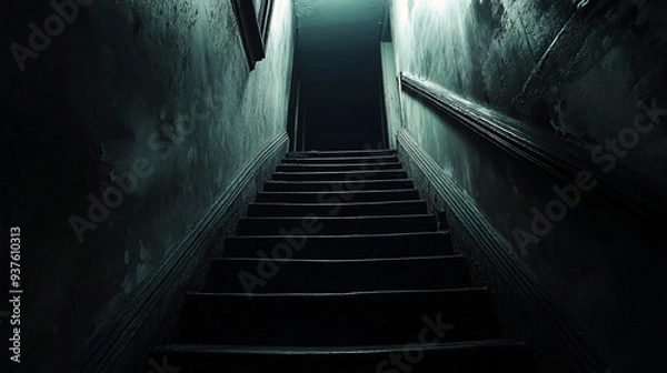 Fototapeta A dimly lit staircase leading into an ominous darkness, with shadowy walls and a sense of hidden secrets, evoking a feeling of dread and anticipation.