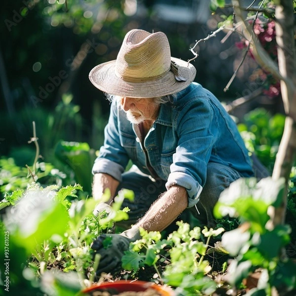 Fototapeta 3. Elderly gardener in straw hat, denim shirt attire, tending plants in garden, crouching low among vibrant green leaves, wearing gardening gloves, focused and intent expression, sunlit vegetable