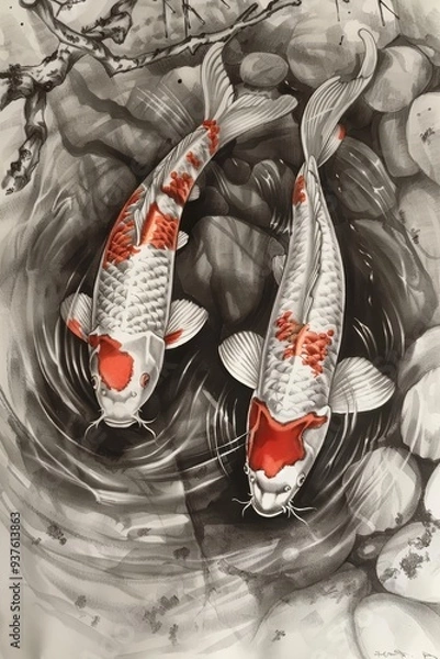 Fototapeta Dance Four vibrant koi fish, with their scales shimmering in the light, dance gracefully in a vibrant red water, creating a captivating and serene scene.