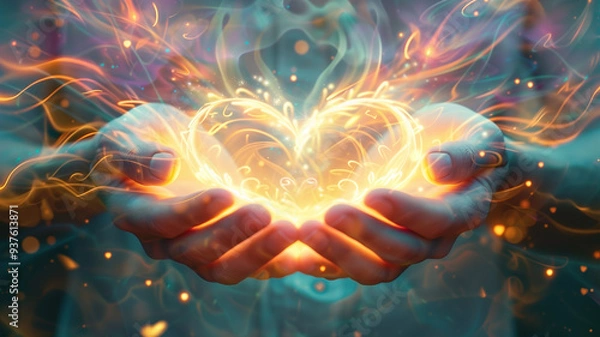 Fototapeta A mesmerizing visualization of the heart chakra, depicted as a radiant heart held within open palms.