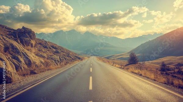 Fototapeta Mountain road scene with rocks, a sunny sky dotted with clouds, and a picturesque asphalt road in the summer evening. Features vintage toning, showcasing a travel background with a highway winding.
