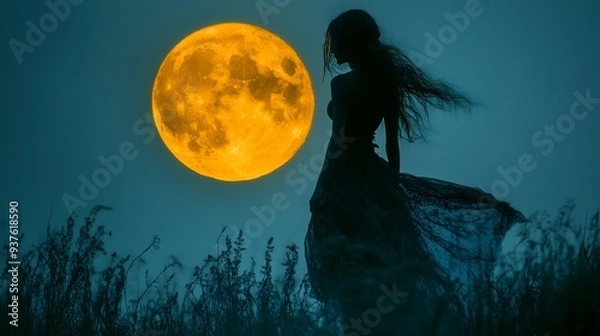 Obraz Silhouette of a witch standing in a field under the mystical full moon, with glowing orange light and flowing hair creating a dramatic and serene night scene