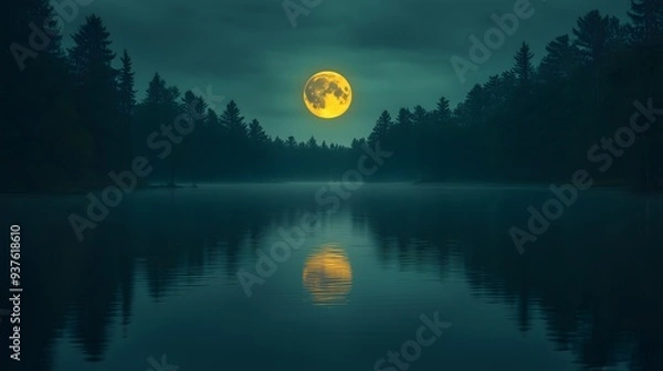 Obraz A peaceful moonlit lake surrounded by dark trees, with the glowing full moon reflecting on the still water, creating a quiet and mysterious night atmosphere in nature