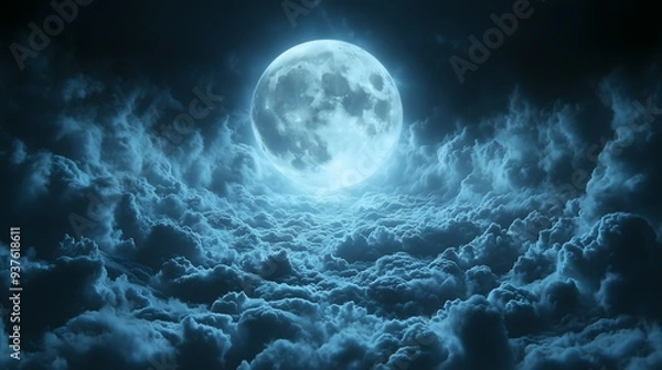 Obraz Majestic Full Moon Illuminating the Sky Through a Layer of Mystical Clouds Perfect for Dreamy Nighttime Photography and Atmospheric Landscape Art