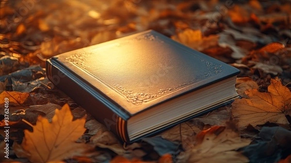 Fototapeta A luxurious autumn-inspired blank diary against a backdrop of fallen leaves and golden light, rich textures and a sophisticated, warm atmosphere