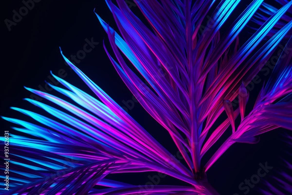Fototapeta Tropical palm tree leaves glowing in the dark with neon lights