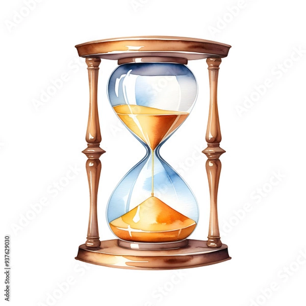 Fototapeta Watercolor illustration of an hourglass isolated on a transparent or white background.