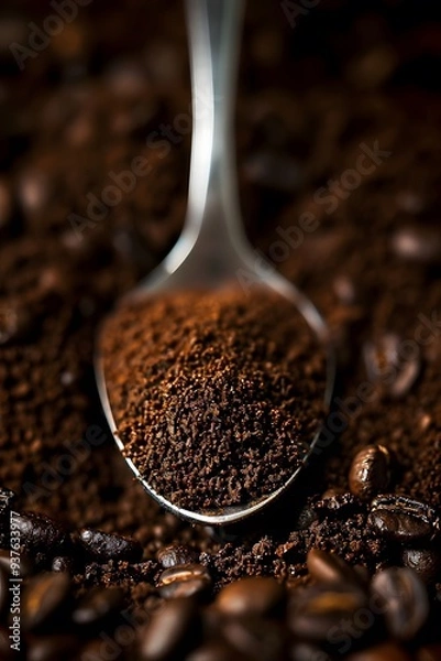 Fototapeta Macro view of a spoonful of coffee granules AI generated illustration