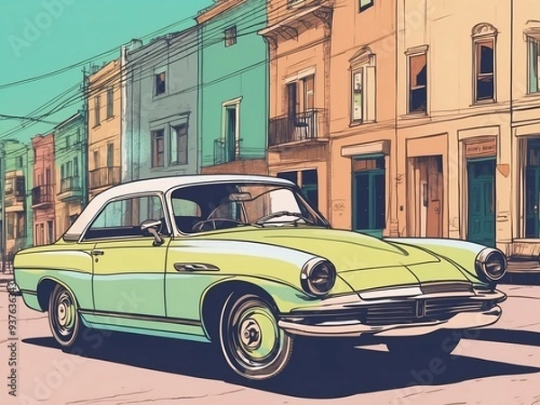 Fototapeta An illustration of a classic car parked on a street in a minimalist screen print