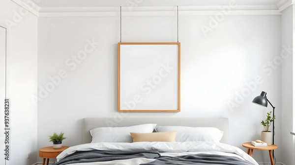 Obraz A mockup of a blank square photo frame hanging in the middle of bedroom. In the background is modern, minimalism, eco-friendly decoration wall in the middle of bedroom. 