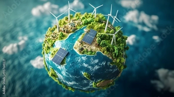 Fototapeta 3D model of the earth with clean energy sources like wind turbines and solar panels visible on different continents
