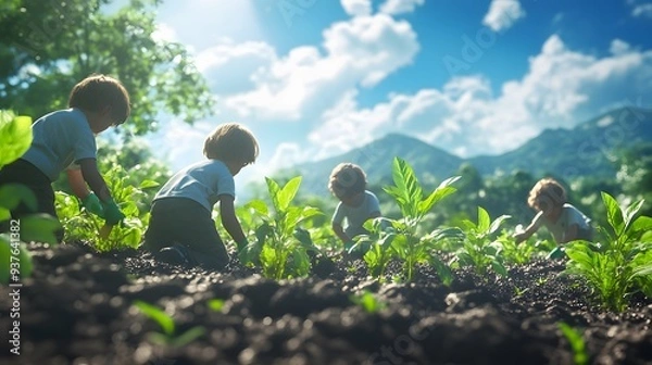 Fototapeta 3D scene of children planting trees on a lush, clean earth, with vibrant greenery and blue skies in the background 