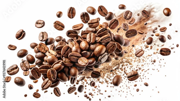Fototapeta Dynamic coffee bean cluster with a splash of grounds.
Roasted coffee beans suspended in mid-air, bursting transparent background 
