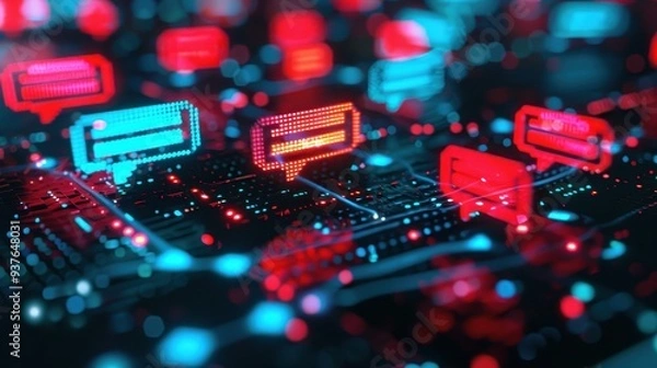 Fototapeta Illuminated Chat Icons in Pixelated Red and Blue, abstract digital artwork showcasing vibrant communication symbols against a dark backdrop, reflecting modern technology themes.