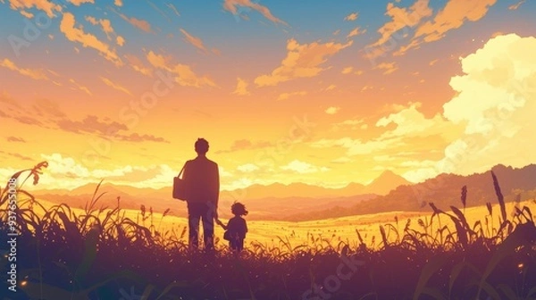 Obraz Silhouette of a father and daughter standing in a field, looking at a golden sunset over a mountain range.