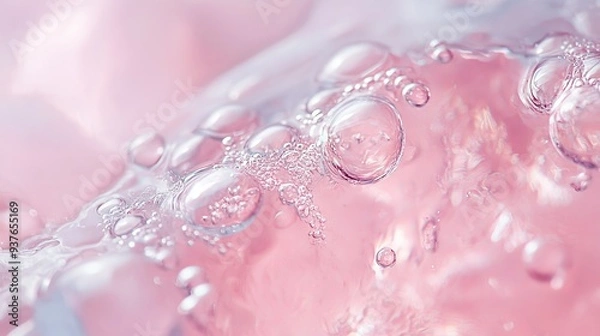 Fototapeta Flowing pink liquid close-up on a smooth surface with gentle ripples and reflections