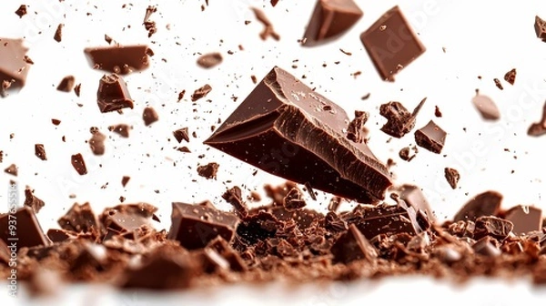 Fototapeta Chocolate Pieces Flying Through the Air and Landing on a Pile of Chocolate