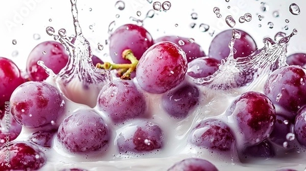 Obraz Red Grapes Splashing in Milk with Water Droplets