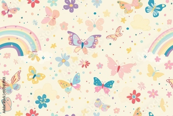 Fototapeta A colorful seamless pattern with butterflies, flowers, and a rainbow.