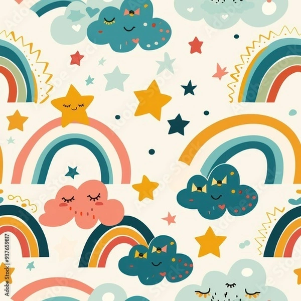 Fototapeta Seamless pattern with colorful rainbows, clouds, stars, and hearts.