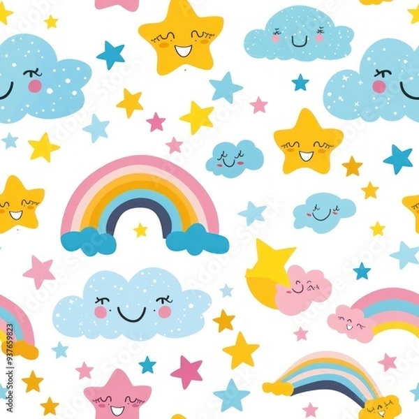 Fototapeta Seamless pattern with rainbows, clouds and stars with cartoon faces.
