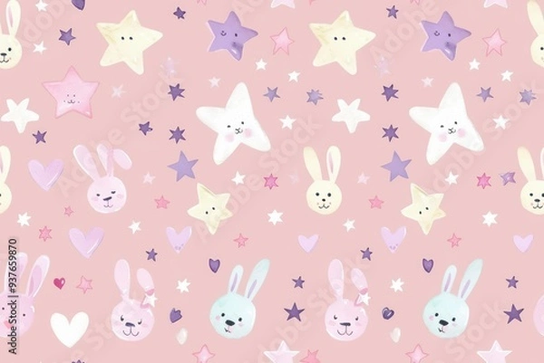 Fototapeta Seamless pink pattern with bunnies, stars, and hearts.
