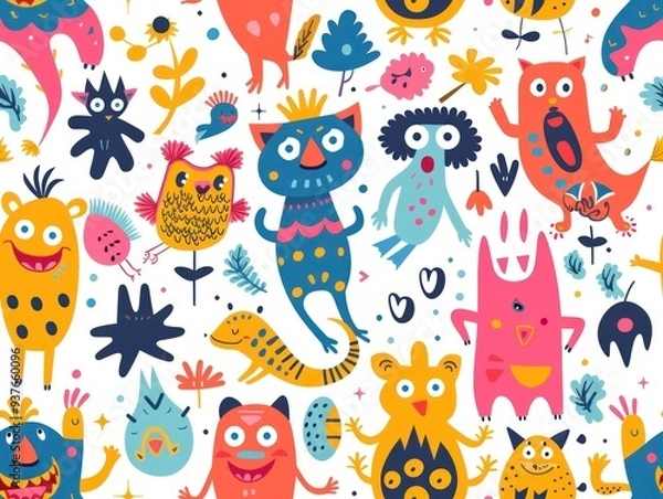 Fototapeta Seamless pattern with colorful cartoon monsters and plants on a white background.