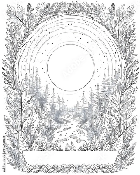 Fototapeta Round frame with forest, river and sun. Hand drawn vector illustration