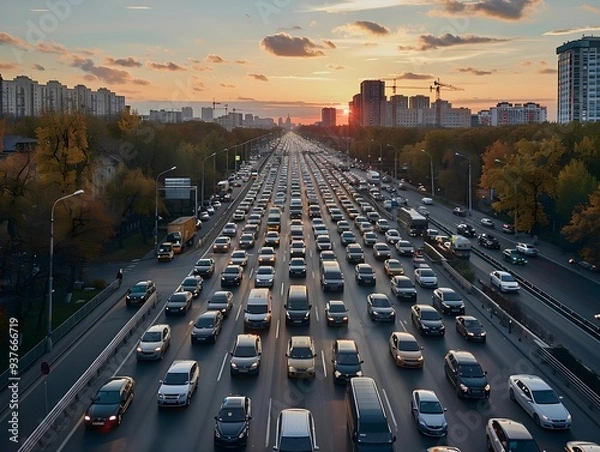 Fototapeta Busy urban highway at sunset with heavy traffic and city skyline in the background