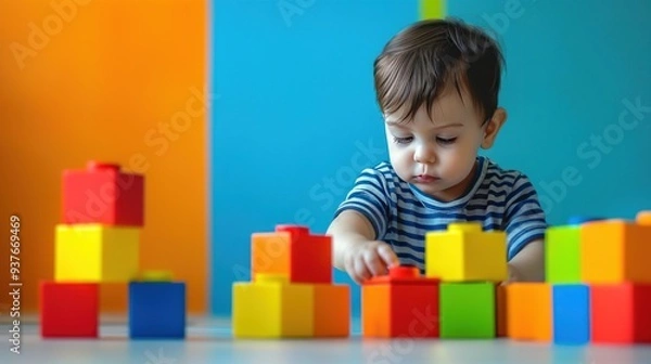 Fototapeta A young boy plays with colorful toy blocks on a white table in front of a blue and orange wall.