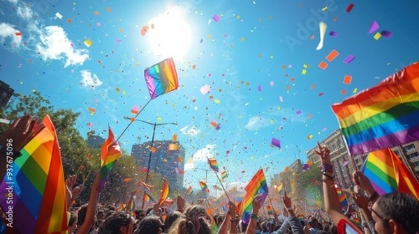 Fototapeta Colorful celebration of pride with rainbow flags waving under a bright summer sky in a bustling city parade. Generative AI