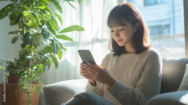 Obraz 部屋でスマホを持つ女性03