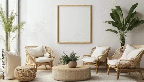 Fototapeta Modern Living Room with Rattan Furniture and Tropical Plants.