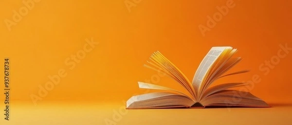 Fototapeta Close-up of an open book with career advice pages, orange isolated background, studio lighting