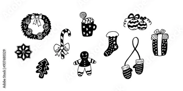 Fototapeta Christmas set of black and white design elements: cocoa mug, christmas wreath, mittens, gift, candy cane, gift sock, cookies, christmas tree balls. Vector new year illustration, icons