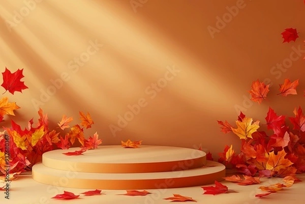 Obraz Podium with red autumn leaves on orange background with shadows. Showcase for product presentation, autumn background. Geneative ai
