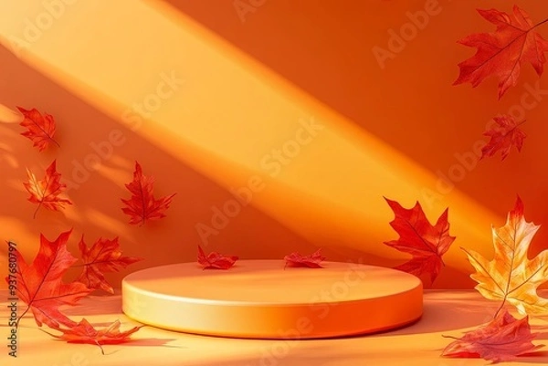 Obraz Podium with red autumn leaves on orange background with shadows. Showcase for product presentation, autumn background. Geneative ai