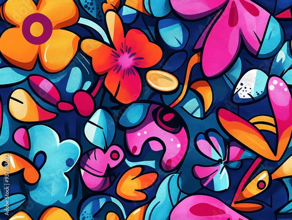 Fototapeta A bold and colorful seamless pattern featuring abstract floral elements with vibrant colors on a dark blue background. The design is playful, energetic, and dynamic.
