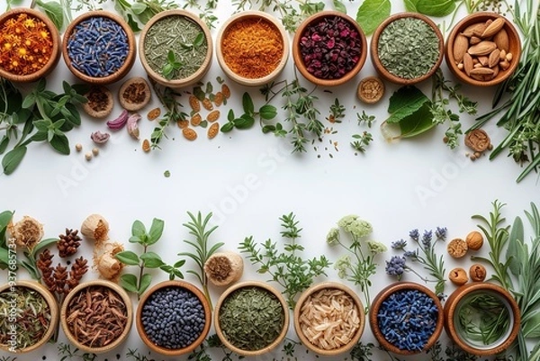 Obraz Apothecary of natural wellness and self-care Herbs and medicine on white background top view frame copy space