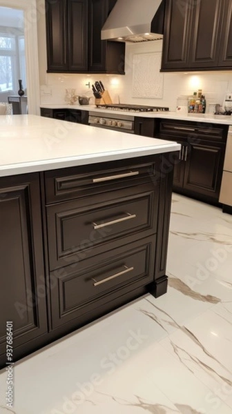 Fototapeta a kitchen with dark wood cabinets and marble counter tops