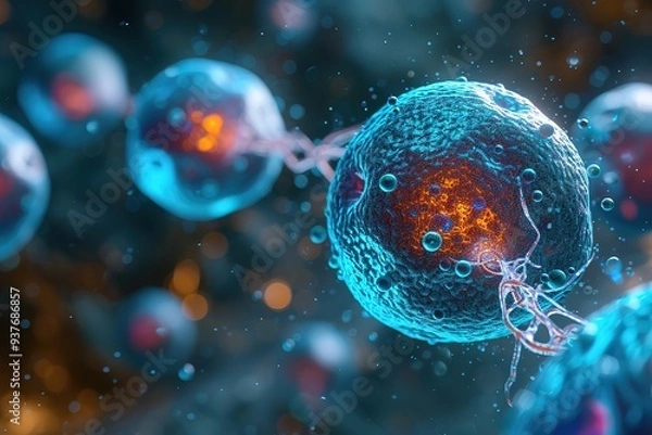 Obraz cellular therapy and regeneration, microscopic view of body cells, research of stem cells