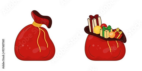 Fototapeta Red bag, sack with gifts vector illustration. New Year gifts in Santa Claus bag. Bag tied with rope and bag filled with gift boxes. Design element for cards, posters, banners New Year and Christmas.